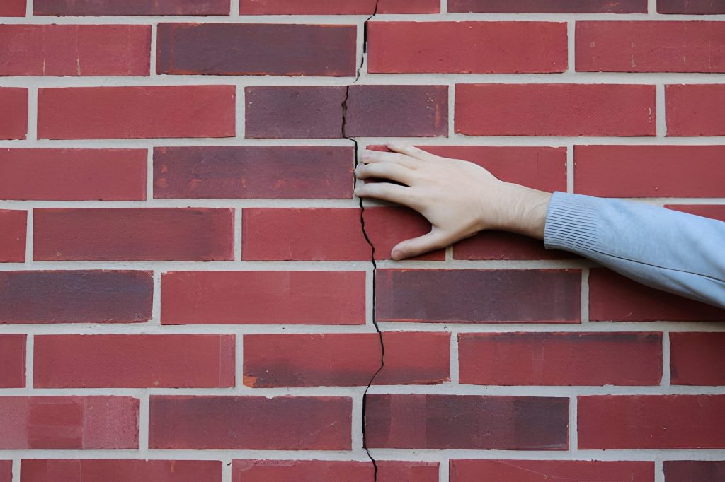 cracked foundation inspection-A structural engineer performing a cracked foundation inspection on a Florida home's exterior wall.