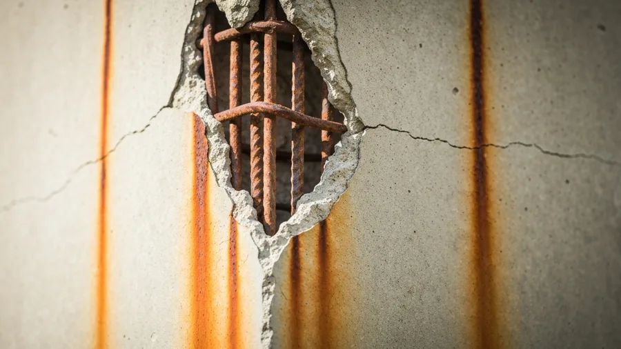 Concrete restoration engineer in Broward County assessing corroded rebar in delaminated structural concrete column