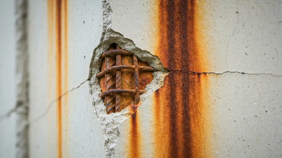 Concrete restoration engineer in West Palm Beach County assessing corroded rebar in delaminated structural concrete column