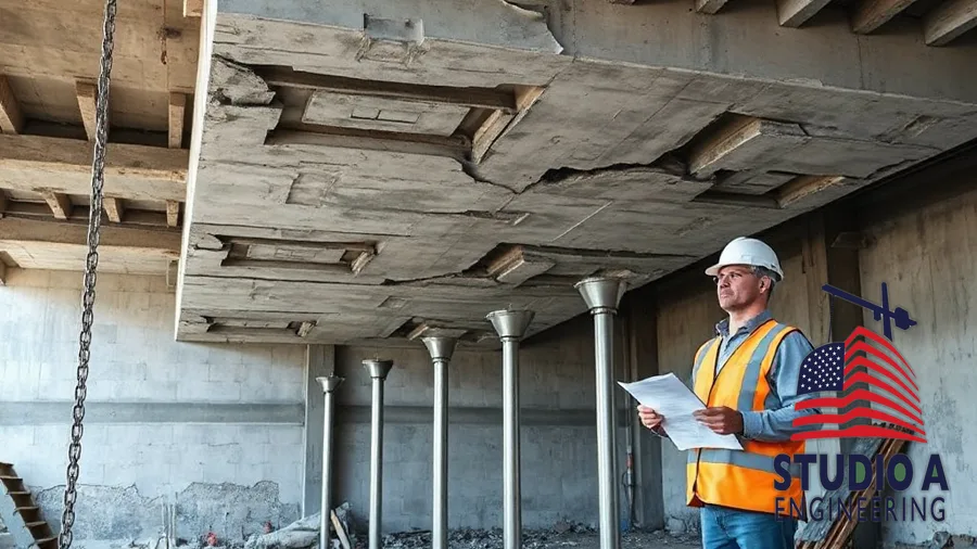 Structural engineer reviewing emergency shoring supporting a cracked concrete slab
