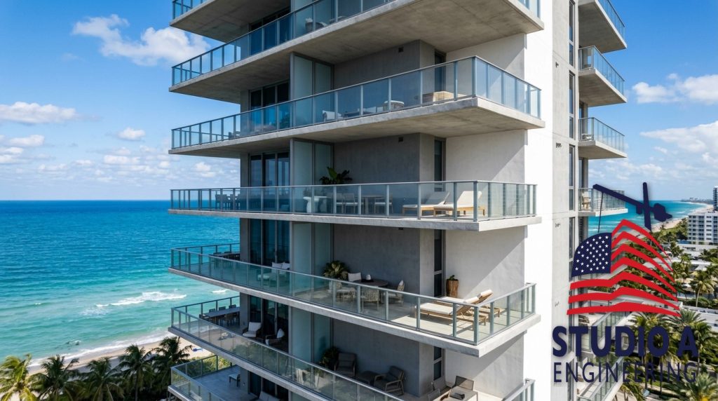 Balcony inspection Florida condominium concrete slab and railing evaluation