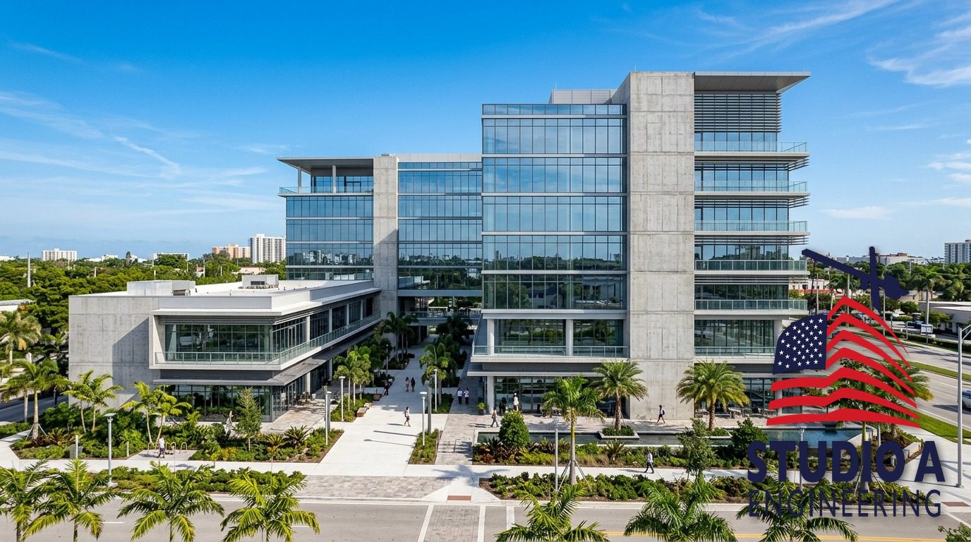 Commercial structural engineer evaluating multi-story building framing in Florida