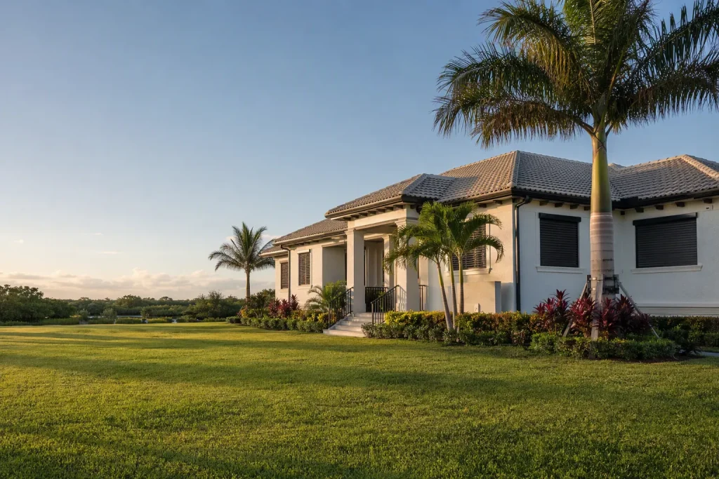 Wide view of a South Florida home with tile roof and shutters for a 4 point inspection florida.