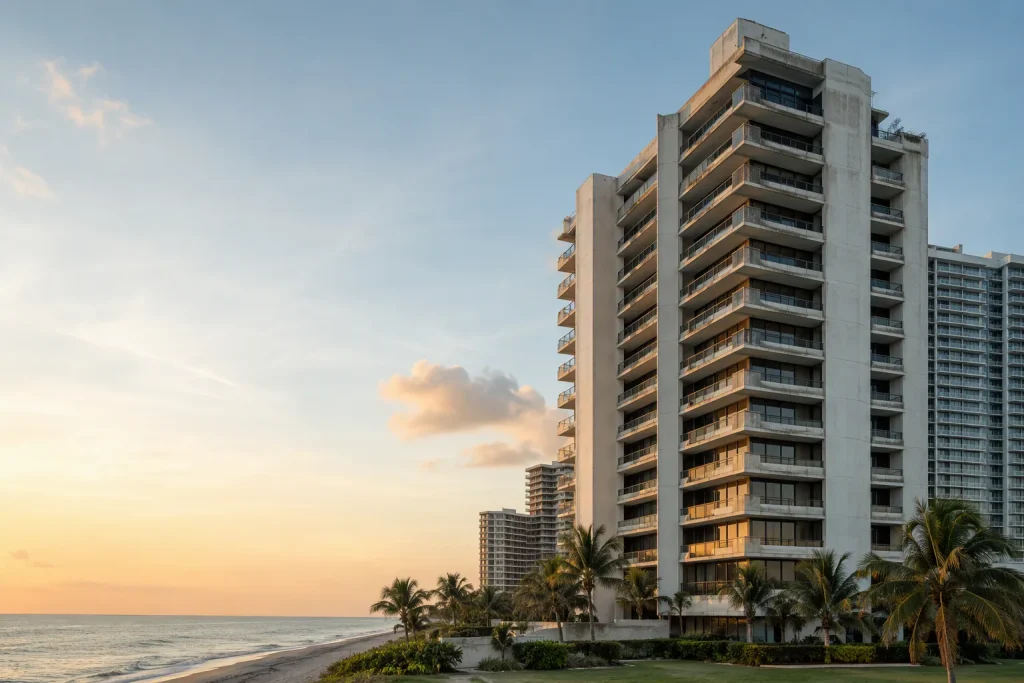 South Florida condo tower at dusk, highlighting areas reviewed during a milestone inspection