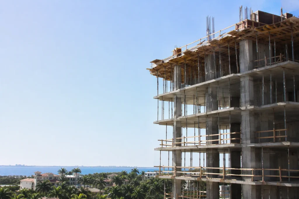 Elevated slab formwork with shoring posts at a South Florida construction site for shoring engineer Florida.