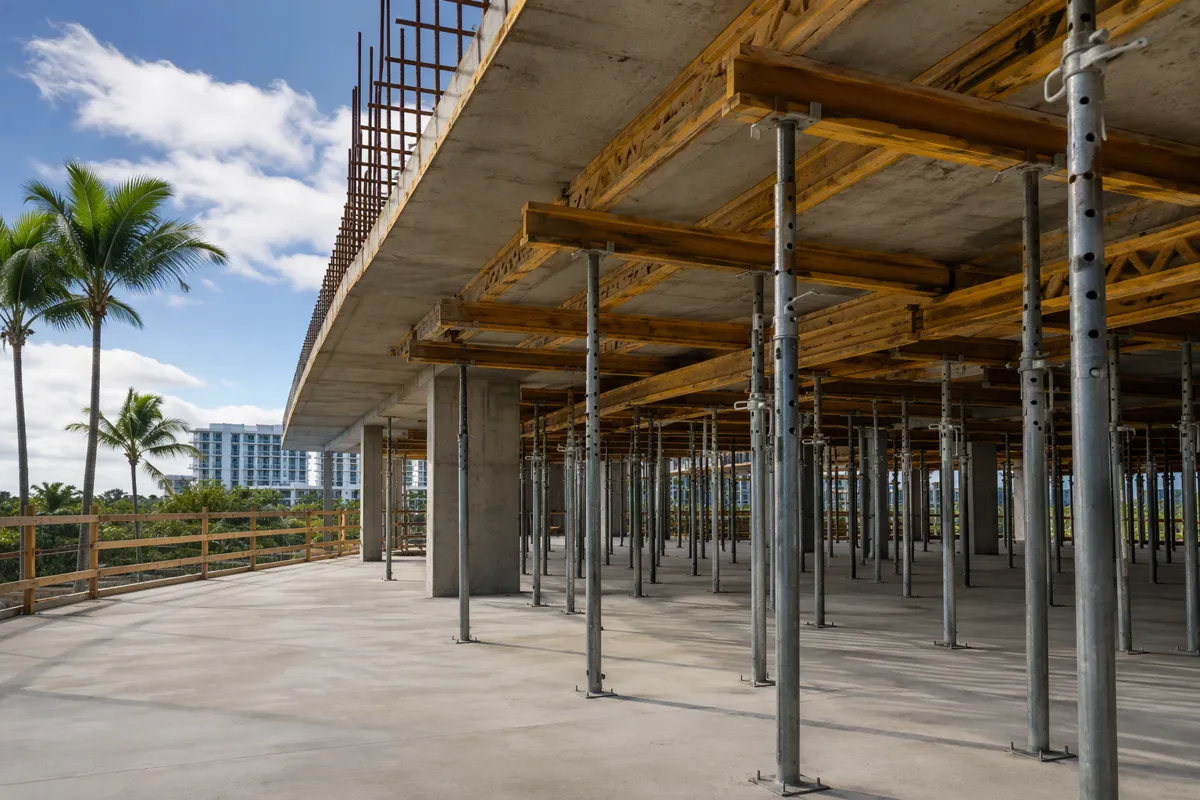 Elevated slab formwork with shoring posts at a South Florida construction site for shoring engineer Florida.