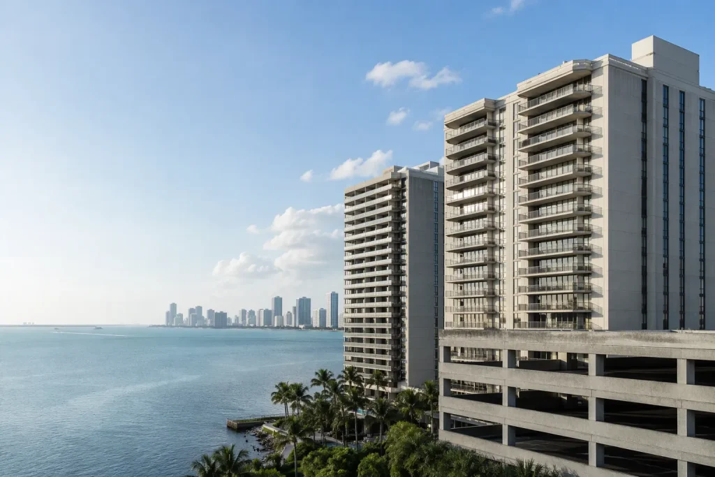 Miami condo towers and parking garage during structural engineer inspection cost review