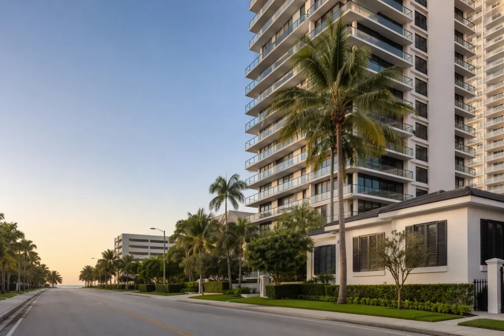 Wide view of Miami condo towers and balconies for structural inspections of residential buildings.