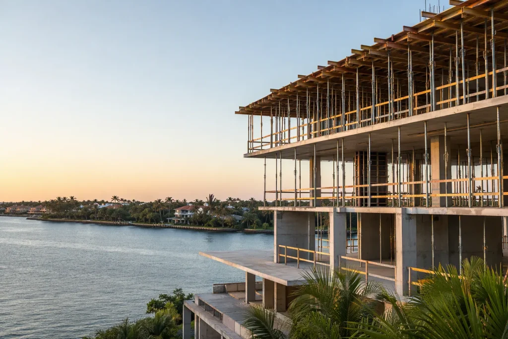 Photorealistic shoring inspections West Palm Beach scene with elevated concrete slab formwork and tower.