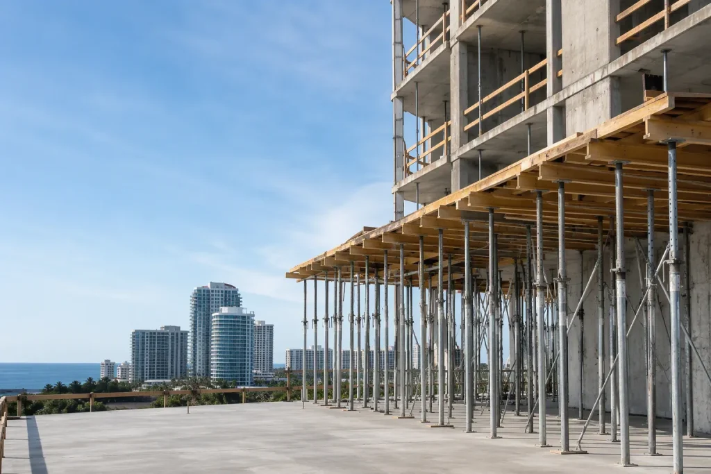 Shoring inspections Miami Beach: elevated-slab formwork and shoring posts at a coastal construction site.