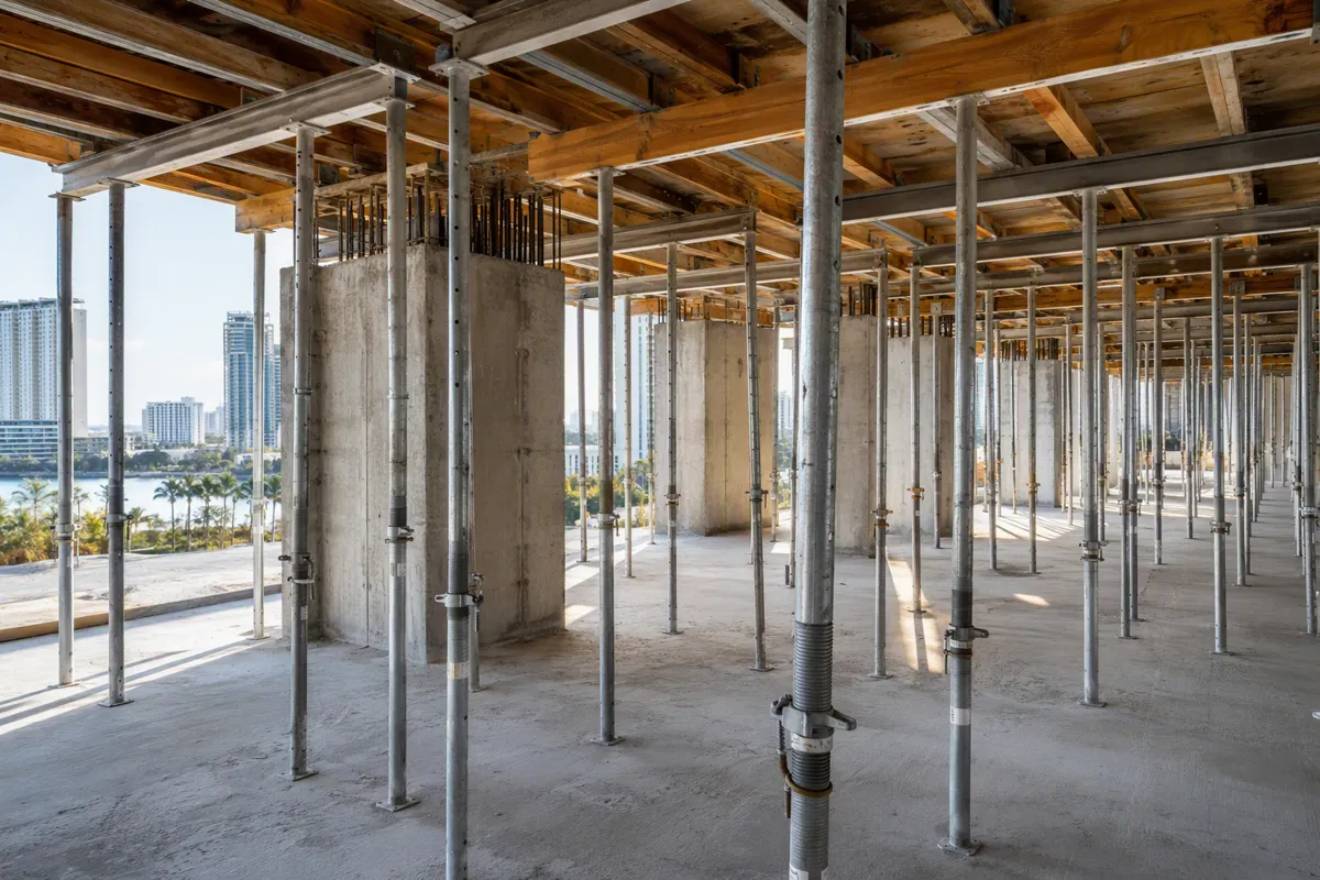 Elevated-slab shoring at a Miami high-rise during shoring inspections miami