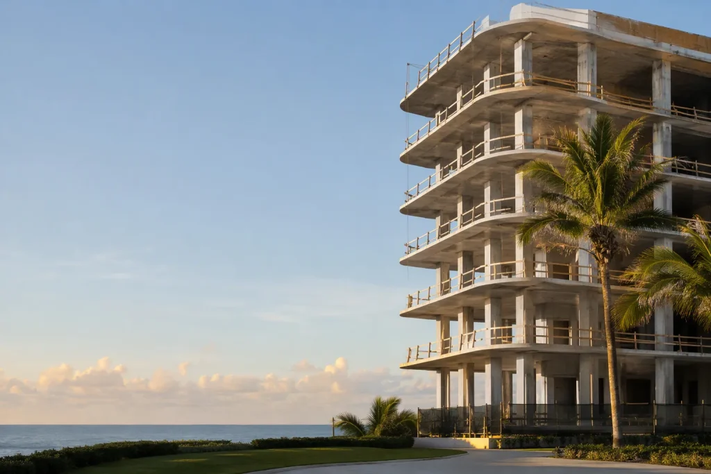 Wide view of a South Florida multi-story condominium under construction for threshold inspections florida.