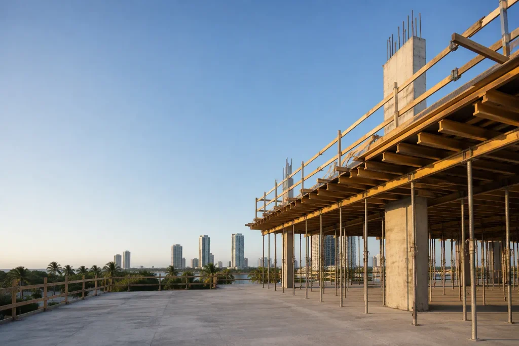 Shoring design Florida: elevated concrete slab with steel shoring posts under formwork