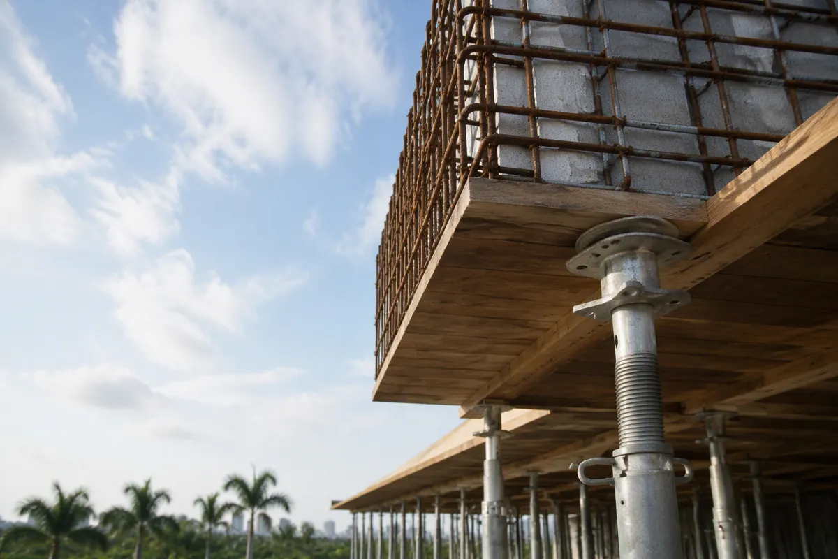 Shoring design Florida: elevated concrete slab with steel shoring posts under formwork