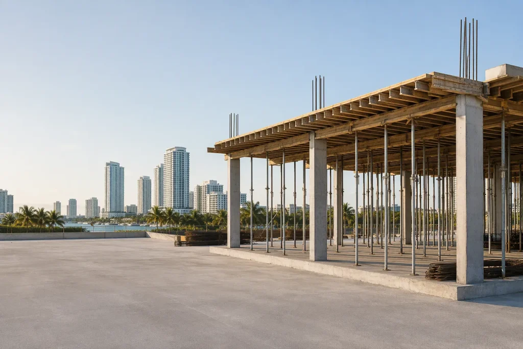 Shoring plans Florida support elevated concrete slab formwork on a South Florida construction site.