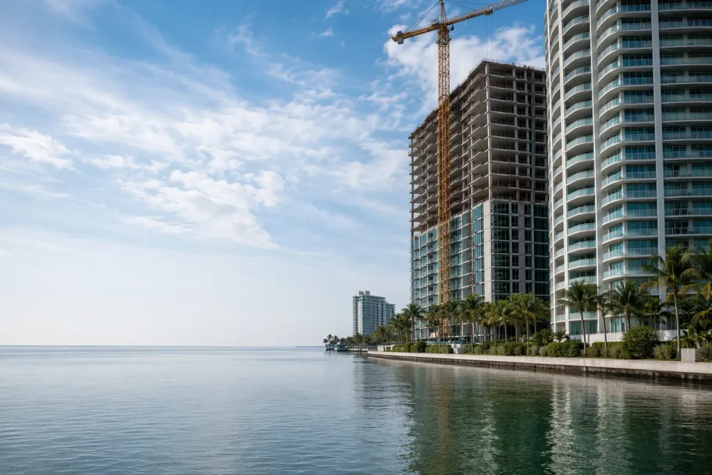 Structural plans Florida support a Miami condo tower under construction beside calm Biscayne Bay sky.