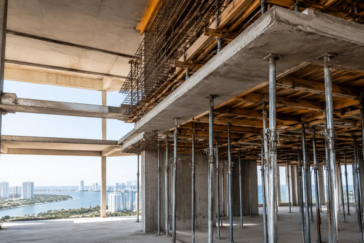 Structural plans Florida support a Miami condo tower under construction beside calm Biscayne Bay sky.