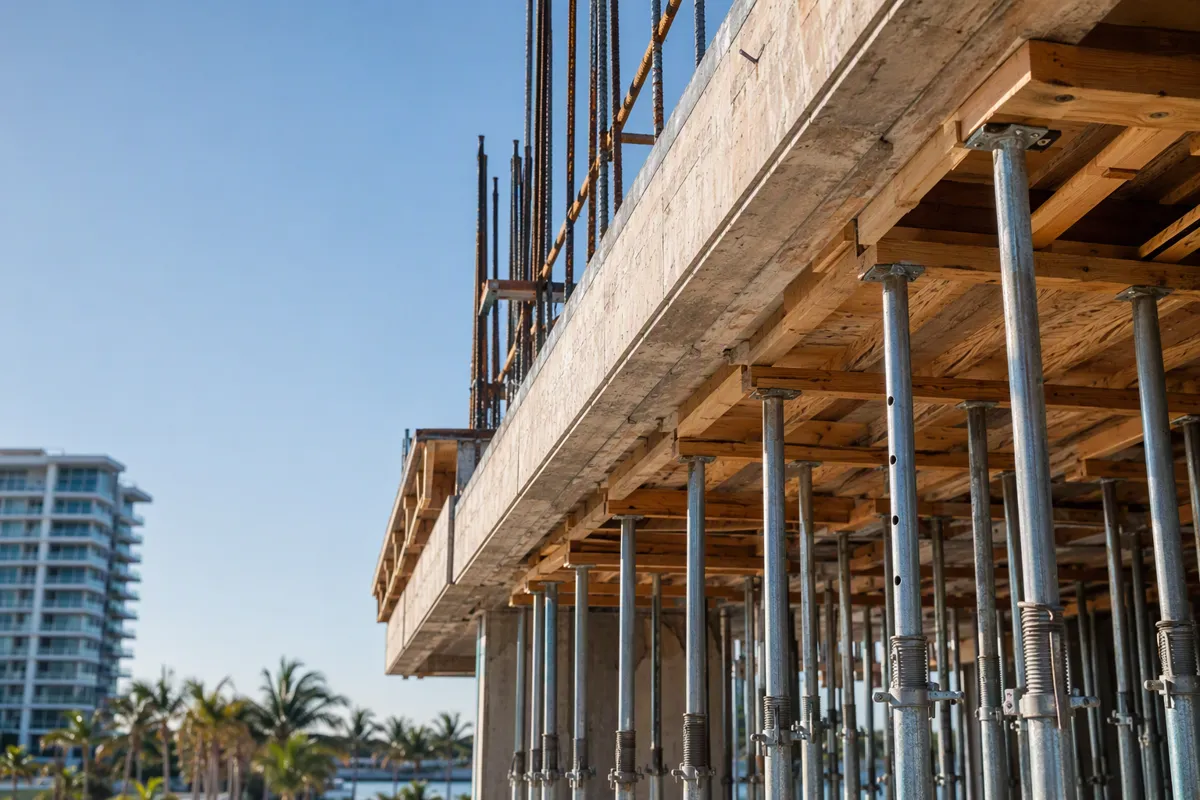 Shoring inspections Fort Lauderdale on elevated slab formwork with posts and blue sky
