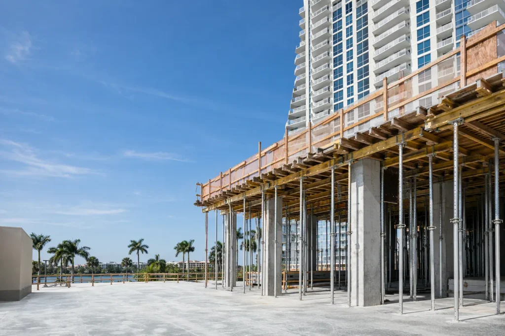 Shoring inspections Boca Raton: elevated slab formwork with shoring posts under clear sky