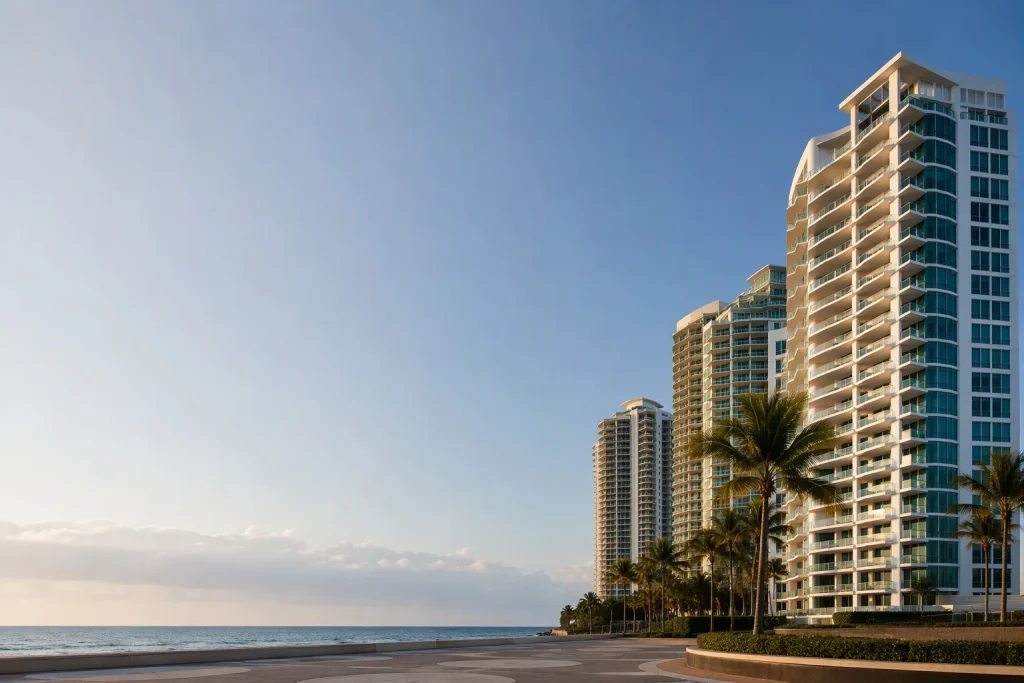 South Florida condo towers with calm left sky space for structural reserve study engineer