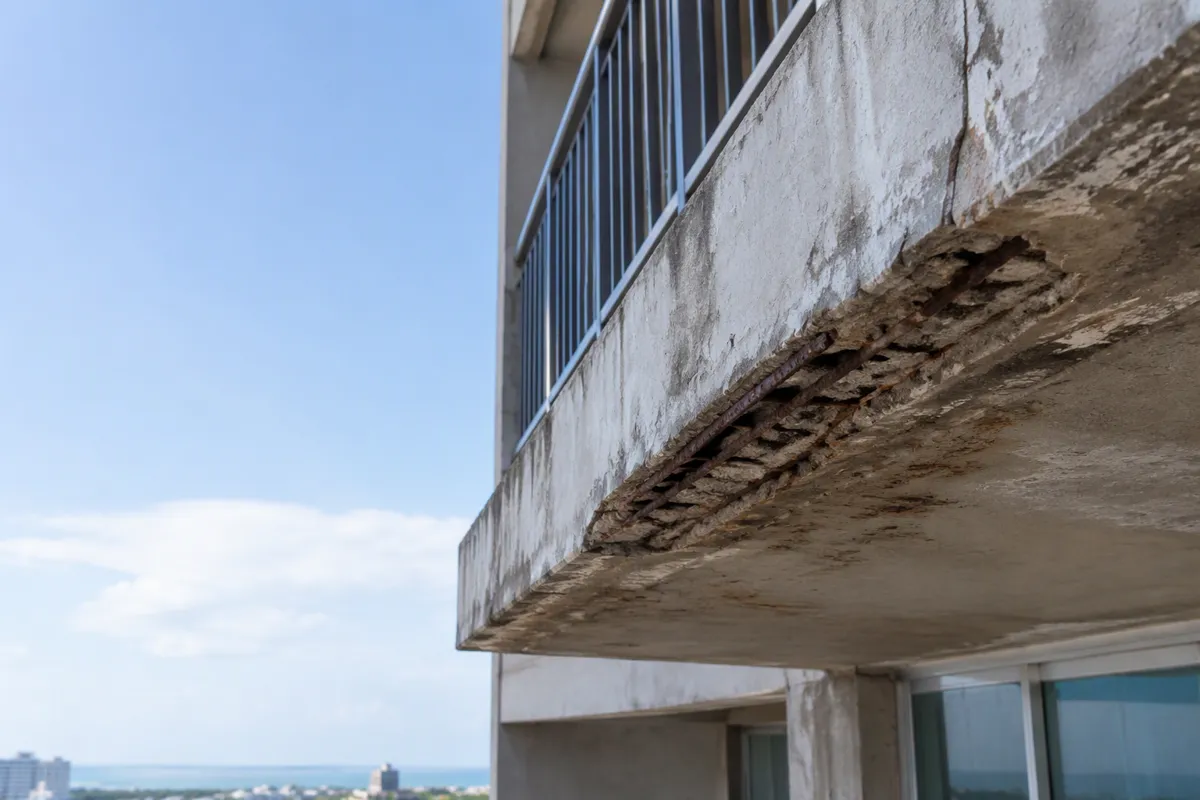 Concrete restoration West Palm Beach County condo tower with balconies and parking garage