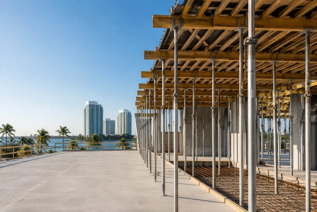 Elevated slab formwork with shoring posts in Broward County, illustrating shoring inspectors broward county.