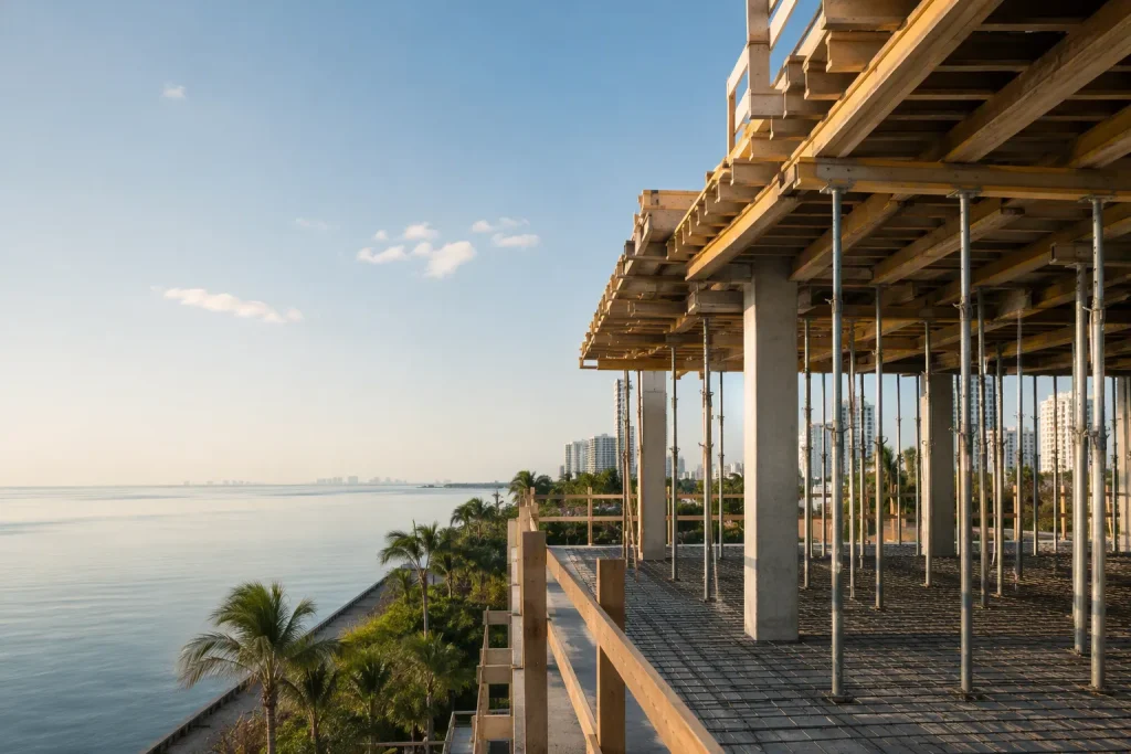 Elevated slab formwork with shoring posts at a South Florida site, representing shoring engineers Key Largo.
