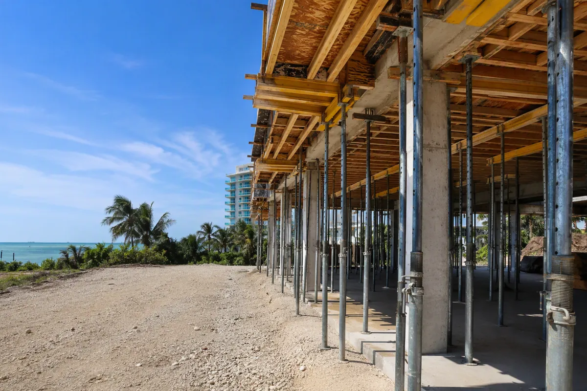Elevated slab formwork with shoring posts at a South Florida site, representing shoring engineers Key Largo.
