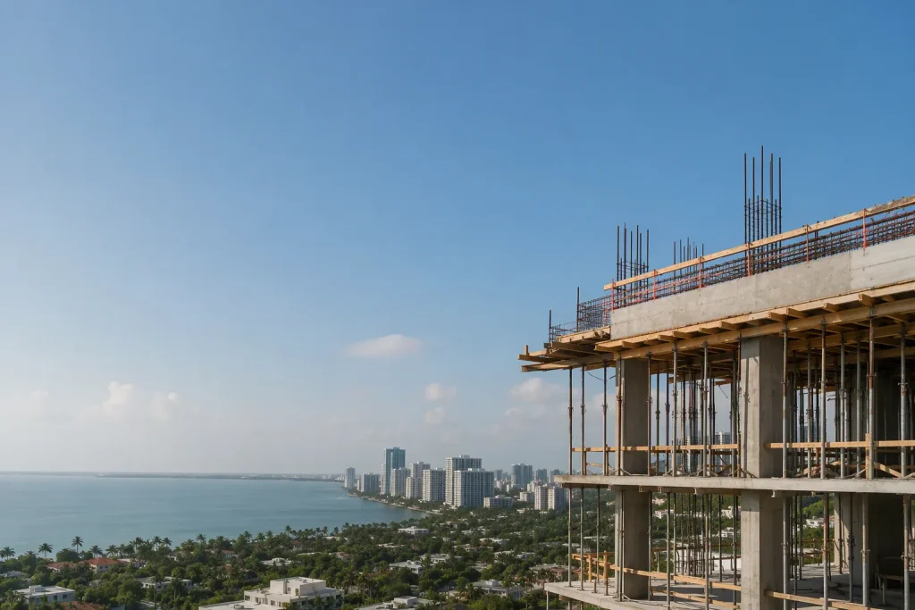 Elevated slab formwork inspection with shoring posts at a South Florida construction site