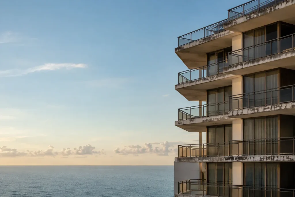 South Florida condo tower during 40-year recertification structural inspection with ocean view.