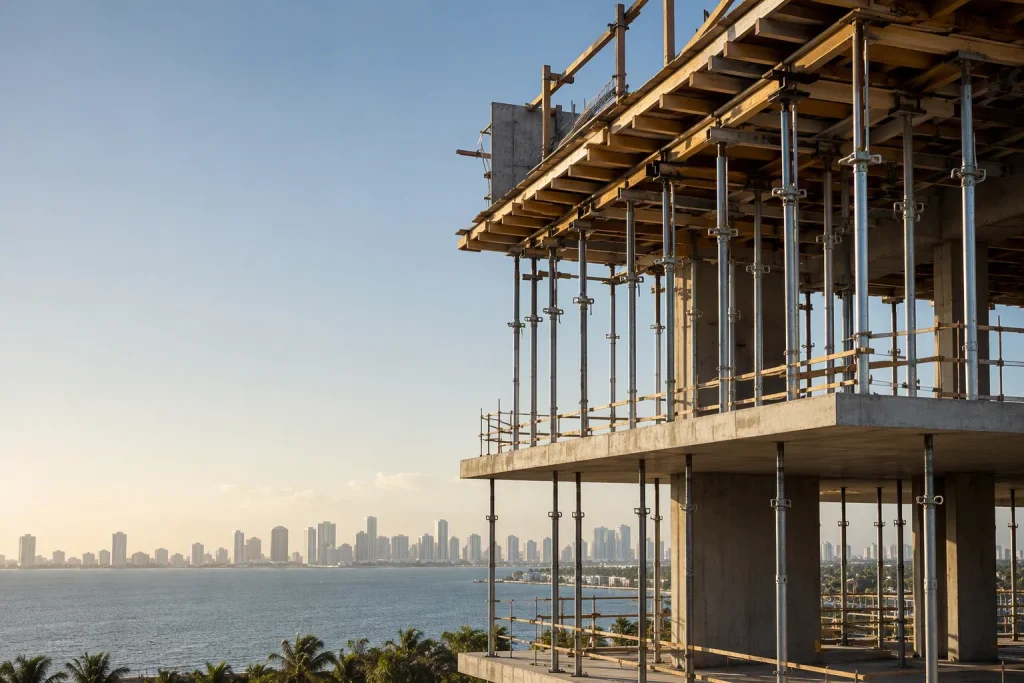 Emergency shoring posts stabilize a South Florida concrete tower under construction at dusk.