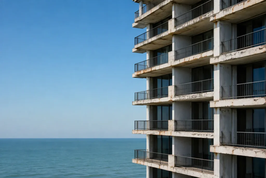 Balcony inspection Florida: oceanfront condo tower with weathered balconies